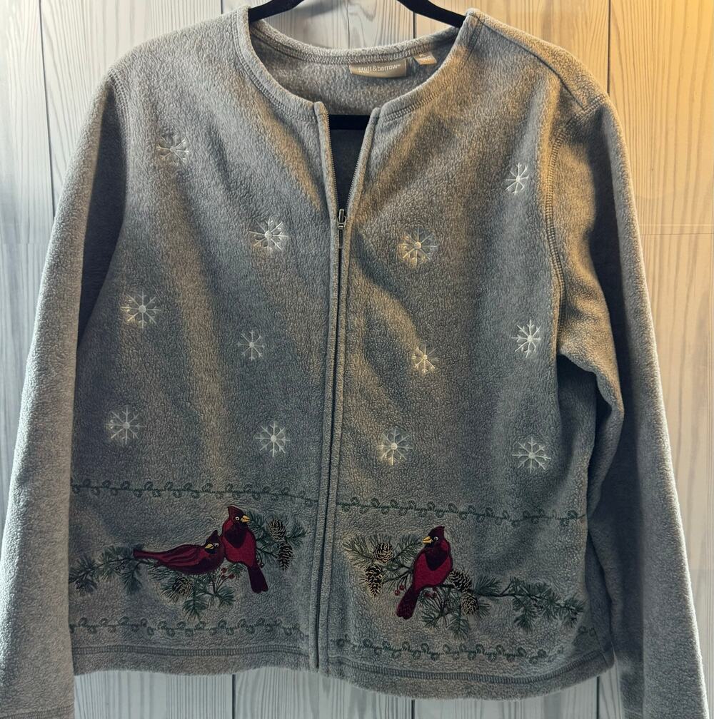 Croft & Barrow Zip Cardinals Birds Embroidered Petite Large Gray Fleece Cardigan